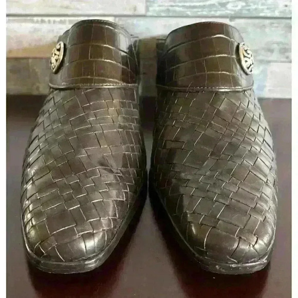 Brighton Tryst Women's 9.5 M Brown Leather Slip-On Woven Slide Heels Mules - Picture 3 of 12